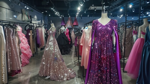 A room full of colorful dresses. There is a mannequin in the center of the room wearing a sparkly pink dress. The dresses on the left are mostly pink and purple, while the dresses on the right are mo © Awais
