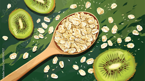 Spoon with raw oatmeal and kiwi on table Vector style