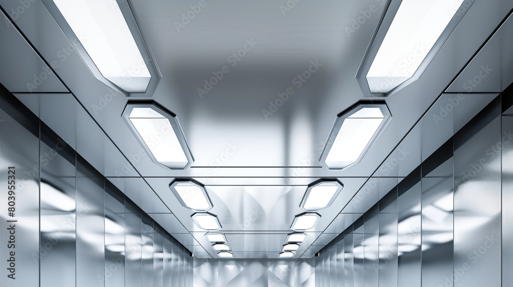 Sleek ceiling crafted from honeycomb panels in shades of white and silver, enhancing light. Sleek ceiling crafted from honeycomb panels in shades of white and silver, enhancing light.