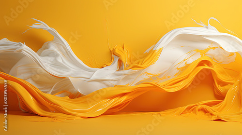 White and Yellow Liquid Oil Paint Splatter in Wavy Style on Yellow Background