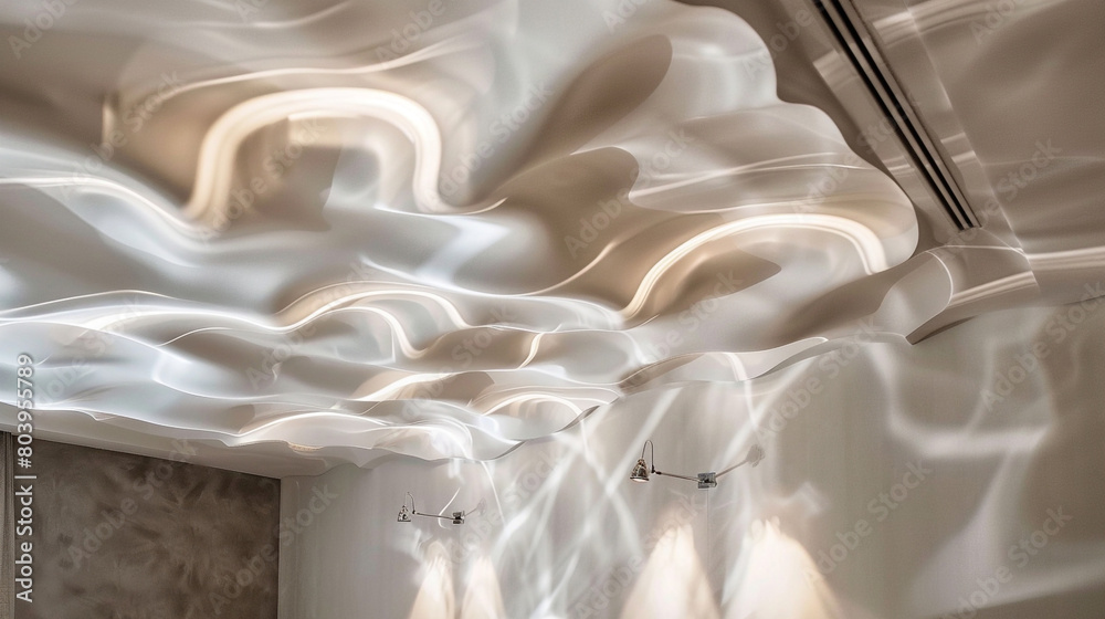 White wavy stretch ceiling in a bedroom, highlighted by halogen lamps casting dramatic shadows. White wavy stretch ceiling in a bedroom, highlighted by halogen lamps casting dramatic shadows.