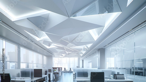 A spacious office boasting a high, white ceiling with geometric cut-outs, each filled with frosted glass that diffuses light from hidden LEDs.