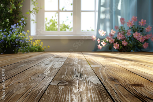 A wooden floor with a window and flowers in a vase