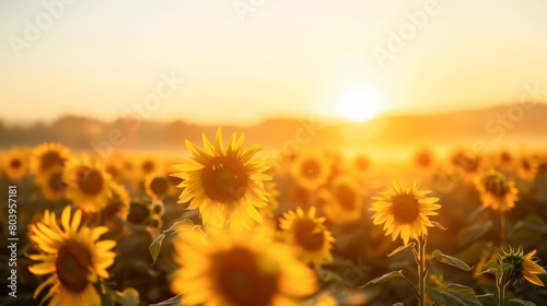 Beautiful sunflower field with gentle fog at sunset, scenic landscape in countryside setting