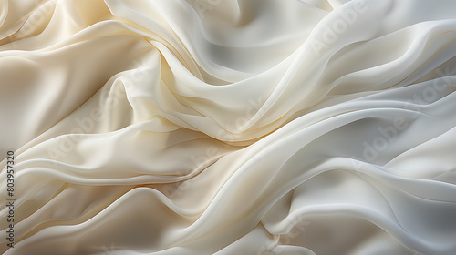 Contemporary Fluttering White Color Silk Fabric in Space With Delicate Folds on Bokeh Background