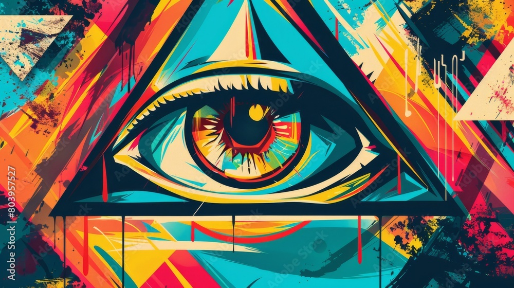 Eye of Providence in graffiti-style vector illustration, ideal for t-shirt prints, posters, and street art-inspired designs. Bold and striking design. 