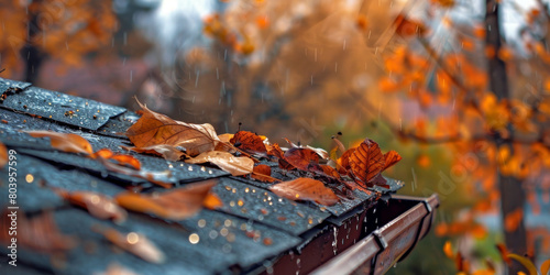 A roof covered in leaves and rain