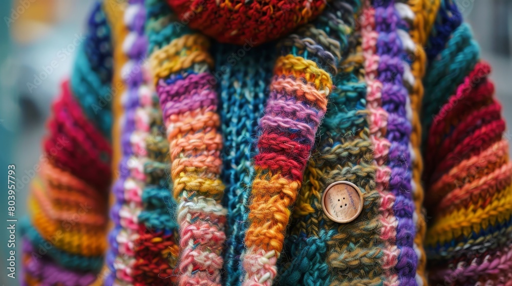 A colorful sweater with a button on the front