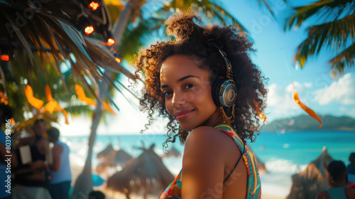 Beautiful young African-American woman listening to music on a tropical beach at sunset. photo