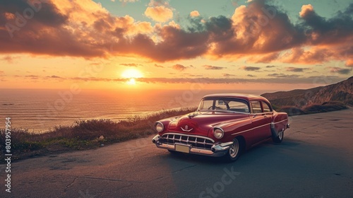 A vintage car parked on a winding coastal road overlooking the ocean  with a stunning sunset in the background creating a nostalgic scene. Resplendent.