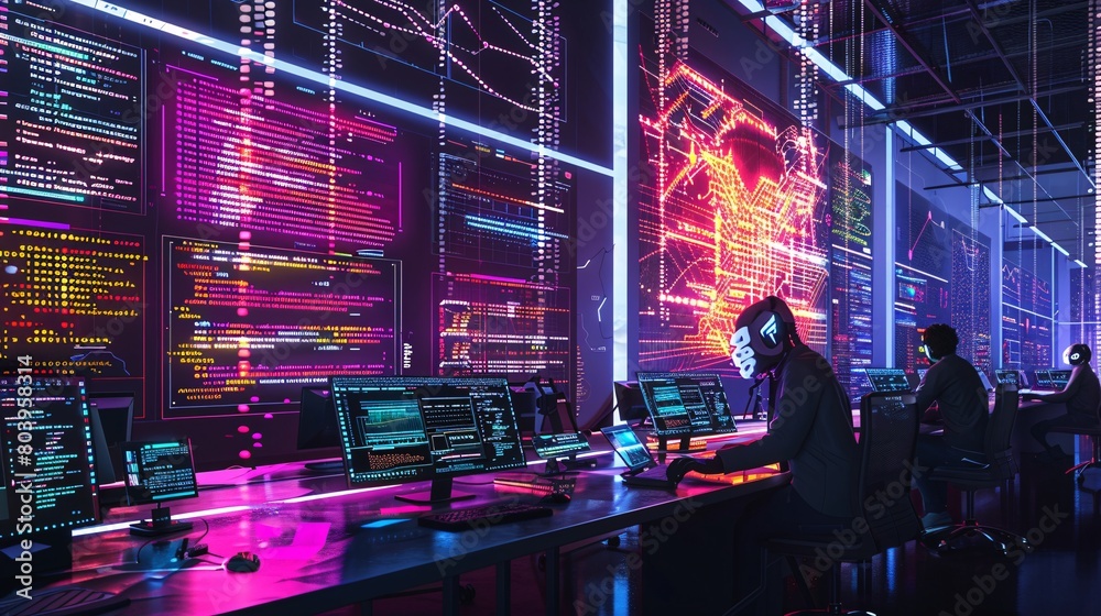 A scene showcasing a team of software developers coding, collaborating, and testing applications in a modern development environment A scene showcasing a team of software developers coding, collaborating, and testing applications in a modern development environment