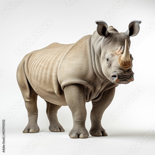 A majestic rhino stands tall exhibiting its thick skin and strong horn