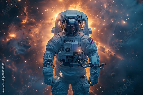 "Astronaut in Space Holding Tablet: Portrait of Astronaut in Celestial Realm, Exploring Liminal Space"