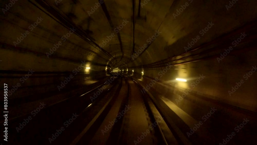 Time lapse, POV view on train riding in the subway tunnel. Hyperlapse of automatic train moving to tunne