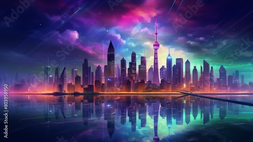 Neon night city crossing with view of glittering skyline including the iconic towers photo