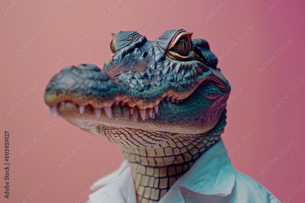 Stylish Crocodile in White Lab Coat Posing for Portrait on Pink Background Stylish Crocodile in White Lab Coat Posing for Portrait on Pink Background