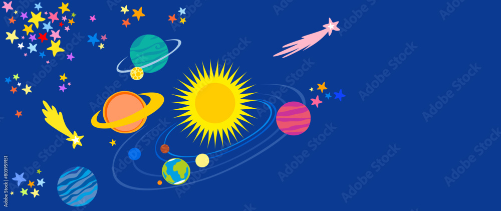 Funny childish planets in row vector flat illustration. Starry space seamless pattern. Аstronomy science starlight background or night sky wallpaper  pattern. Universe starry pattern with glowing star