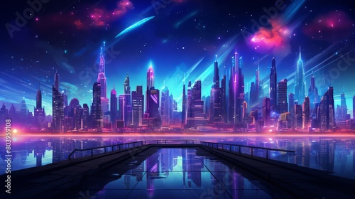 Neon night city crossing with view of glittering skyline including the iconic towers