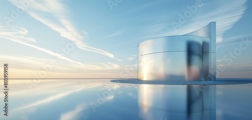 Silver cylindrical architecture in 3D, reflecting modernity in a blue sky.