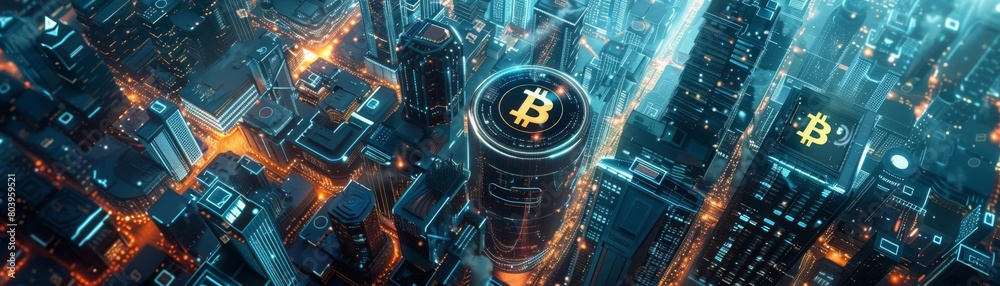 Capture a futuristic birds-eye view of a city bustling with cryptocurrency activity Capture a futuristic birds-eye view of a city bustling with cryptocurrency activity
