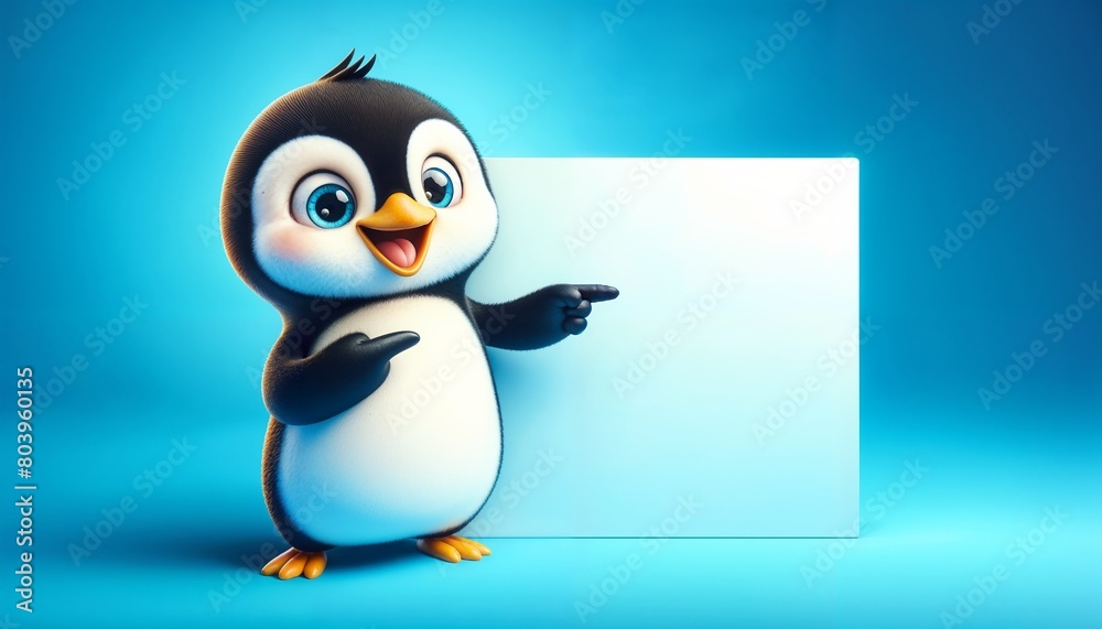 Obraz premium Penguin Pointing at Blank Sign on Blue Background