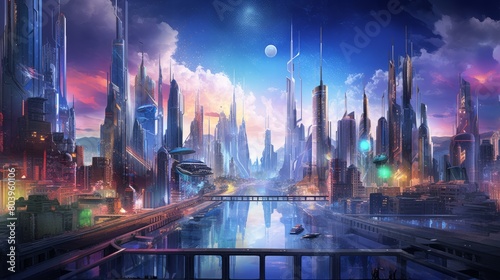 View of bustling cityscape with holographic skyscrapers in the background