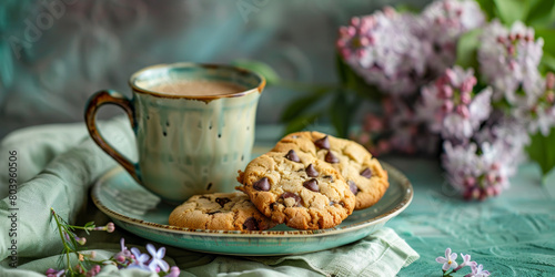 A plate of cookies sits on a table next to a cup of coffee