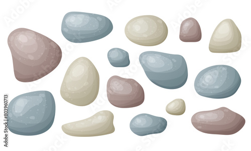 Beach pebble stone set. Hand drawn smooth stone of different shape. Organic rick from river landscape, speck shape. Vector illustration isolated on white background