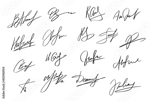 Handwriting Autograph set. Personal fictitious signature calligraphy lettering. Scrawl imaginary name for document. Vector illustration on white background photo