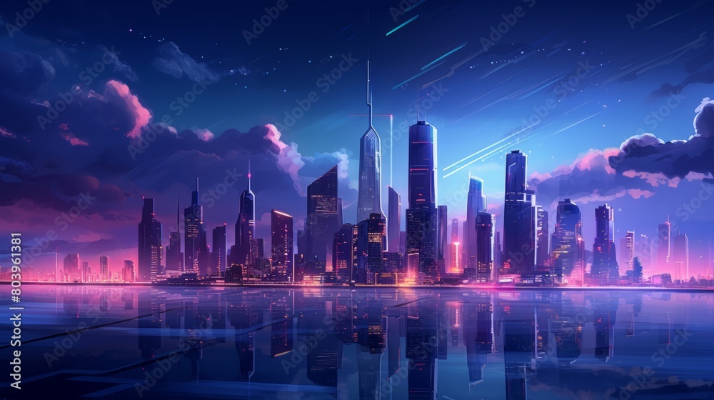 Neon night city crossing with a view of towering skyscrapers and illuminated streets