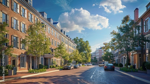 A street with a brick sidewalk and a row of houses
