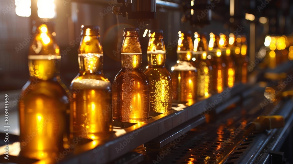 The inspection phase where bottles pass through a quality control checkpoint, the clarity and color of the beer visible through the glass The inspection phase where bottles pass through a quality control checkpoint, the clarity and color of the beer visible through the glass