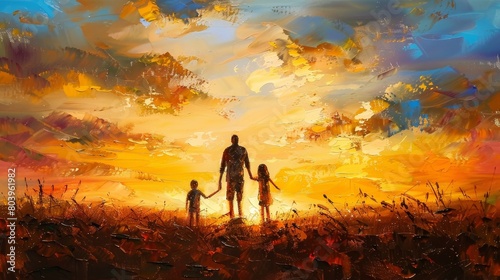 Lovely family creating a beautiful painting together in the warm and golden sunset light