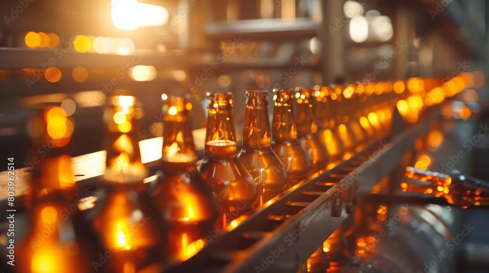 The inspection phase where bottles pass through a quality control checkpoint, the clarity and color of the beer visible through the glass The inspection phase where bottles pass through a quality control checkpoint, the clarity and color of the beer visible through the glass