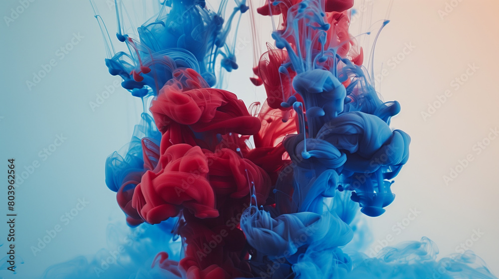 red and blue real shot ink or color paint inject in water. Ink swirling underwater.