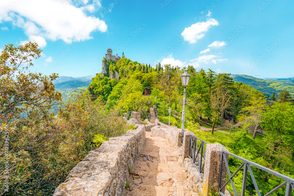 Fototapeta premium San Marino city view. Fortress on the rock. San Marino landmark. Italy.