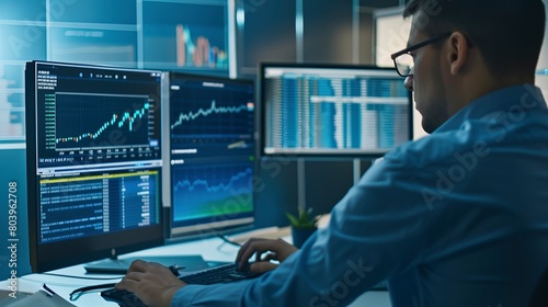 Detailed shot of a policy analyst working on a computer, creating models to predict the impact of proposed energy taxes. 