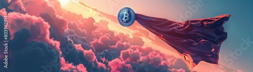 A vibrant cartoon Bitcoin wearing a superhero cape flying across a pastel sky photo