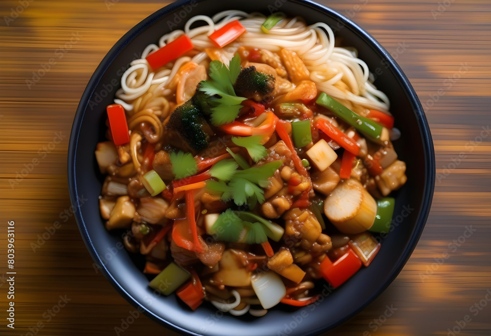 stir fried chicken with vegetables with noodle in the black bowl