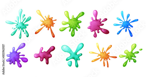 Set of Liquid colorful slime in cartoon style. Fluid mucus drip, splatter or splash isolated on white background. Sticky dribble down, toxic blot. Vector illustration