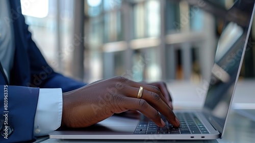 A businessman's hands typing on a sleek laptop, with a backdrop of a contemporary office space