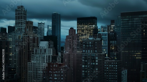 Close-up of a city skyline with darkened buildings  illustrating the widespread impact of a major electrical grid failure 