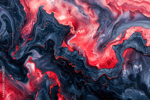 A painting of a swirling mass of red, blue, and black colors