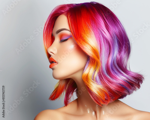 Beautiful woman with colorful hair, bob hairstyle,