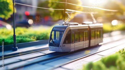 Macro shot of a modern public transit system powered by electricity, showcasing sustainable urban transportation solutions. 