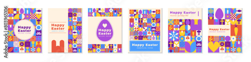Easter minimal geometric. 60s abstract banner, bunny and eggs with botanical elements, line pattern, retro trendy background. Rabbit icon poster Bauhaus style. Vector garish graphic abstract spring