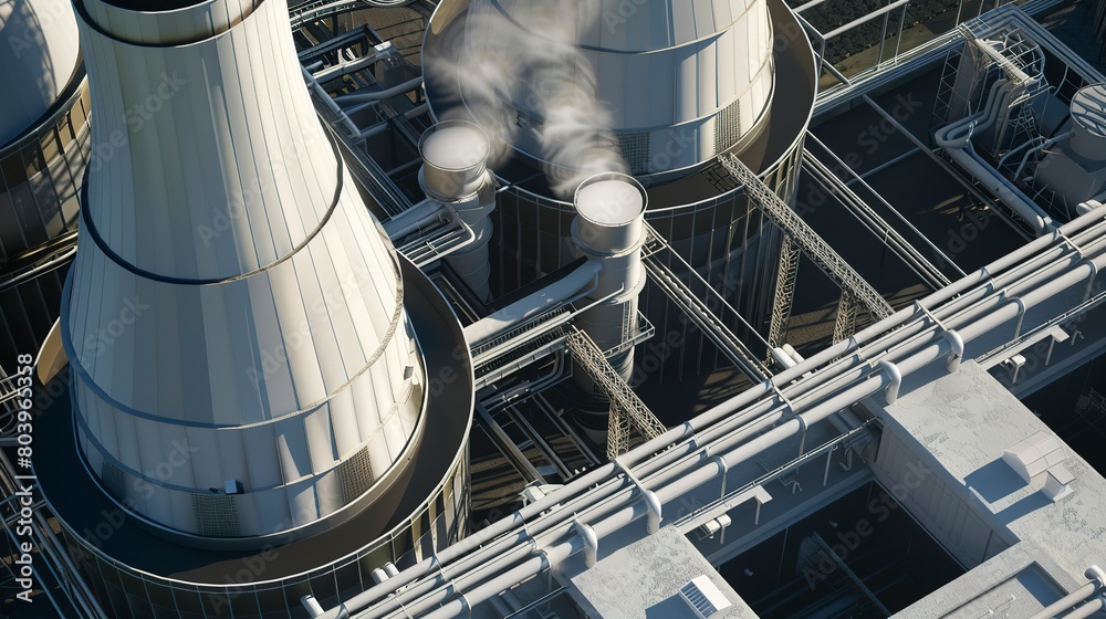 Detailed view of an industrial cooling tower, focusing on the essential energy systems that support large manufacturing facilities. Detailed view of an industrial cooling tower, focusing on the essential energy systems that support large manufacturing facilities.