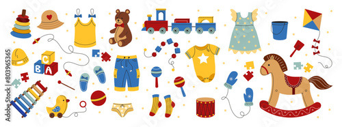 Kindergarten icon. Children toys. Kids clothes. Wooden horse. Plush bear. Preschool game. Doodle baby fashion. Cute toddler jumpsuit. Childish train or playing blocks. Vector childhood tidy vector set