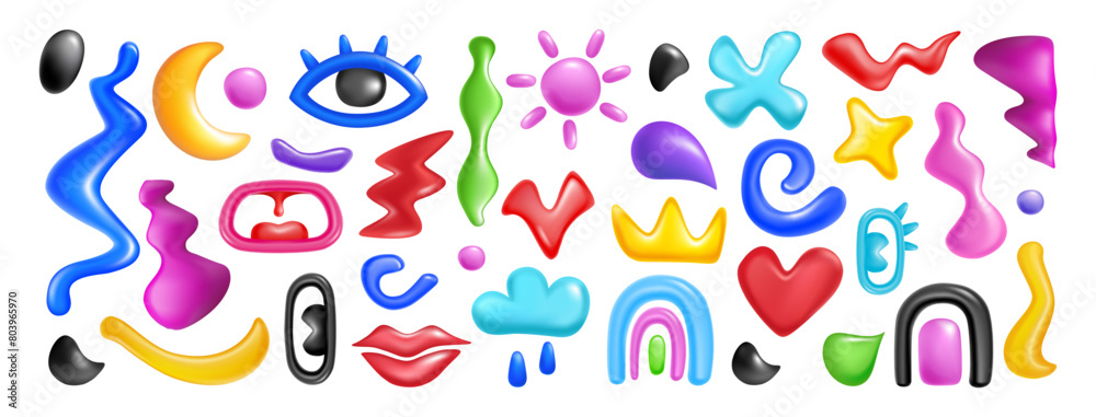 3d element set. Shape abstract, background color render isolated on white glossy elements, liquid doodle, art graphic, design pattern cartoon eye, fun and happy set Memphis creative cute vector fluid 3d element set. Shape abstract, background color render isolated on white glossy elements, liquid doodle, art graphic, design pattern cartoon eye, fun and happy set Memphis creative cute vector fluid