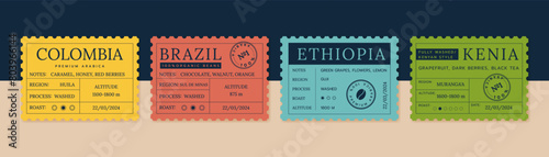 Coffee label. Design product vintage packaging design, food minimal sticker, frame illustration package bean berry, cappuccino and espresso line plant cover, cup leaves. Vector layout caffeine drink